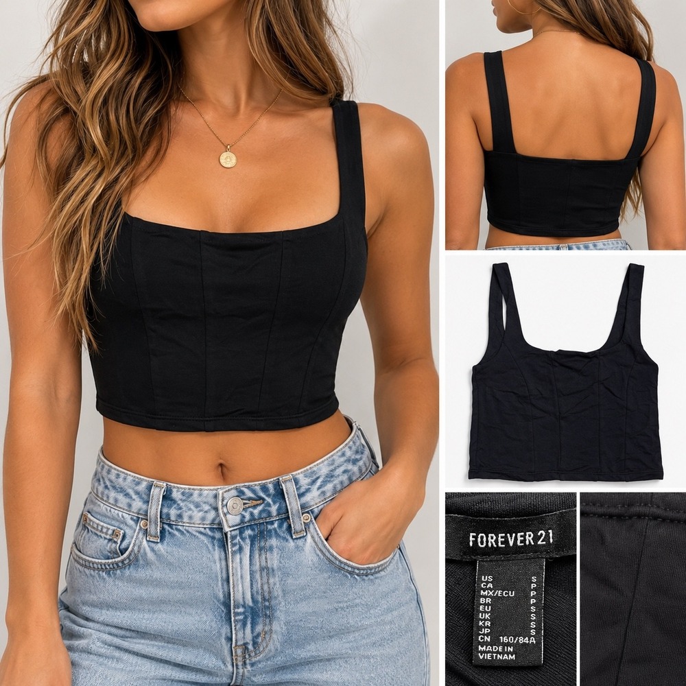 Forever 21 Womens Black Square Neck Corset Seam Crop Top Size S Sleeveless Tank